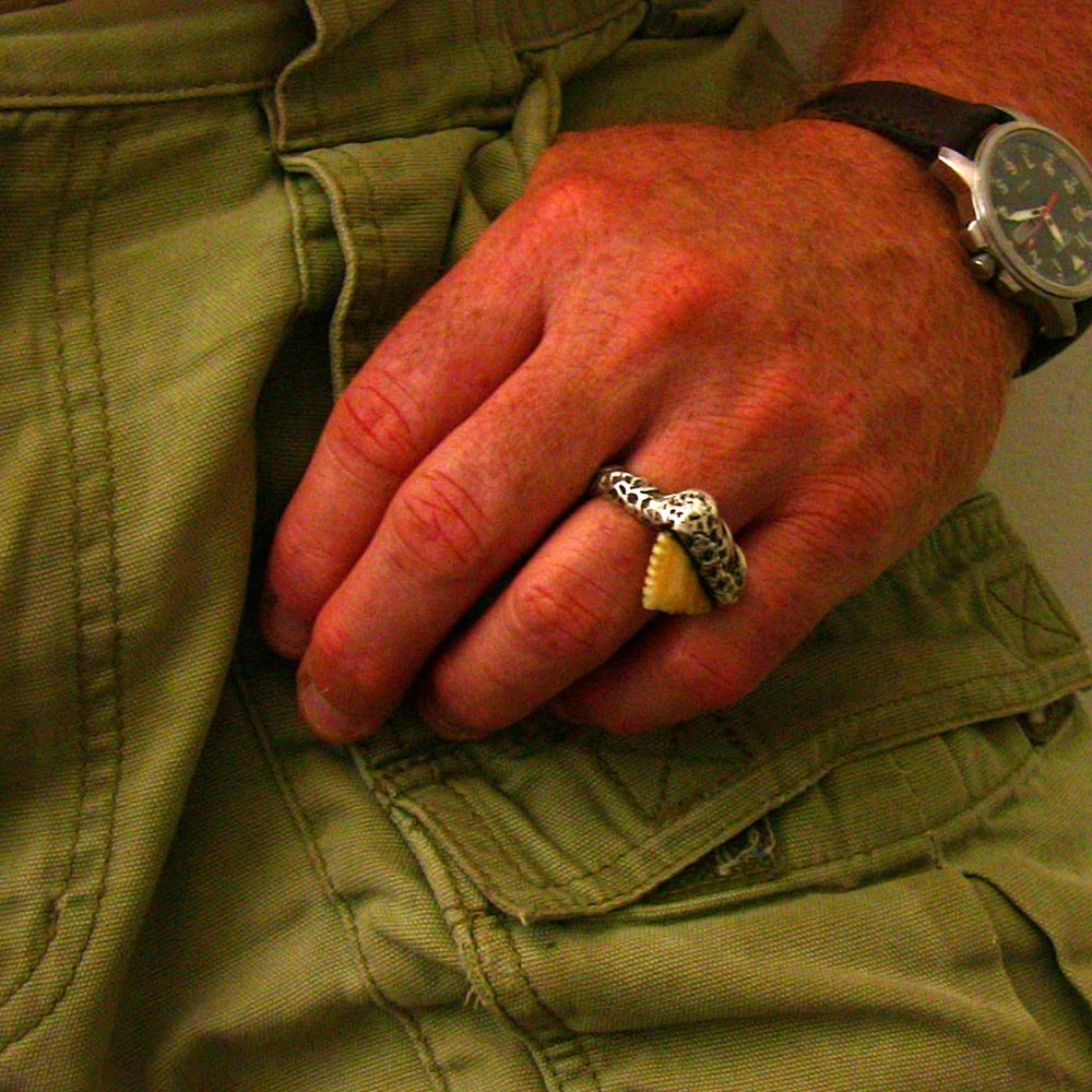 Pure silver hand welded ring & carved shark tooth